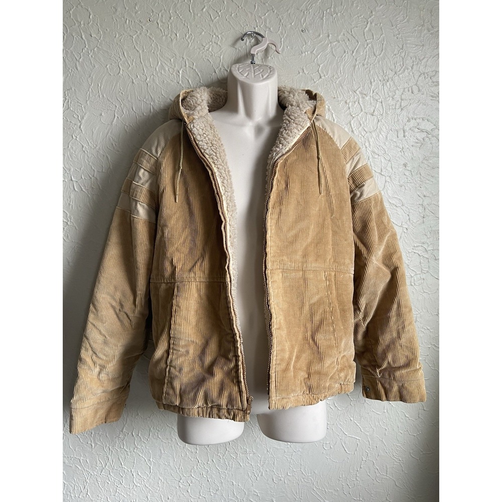 Vintage 80s/90s Sherpa Lined Corduroy Hooded Jacket Coat Tan Utility Gorpcore